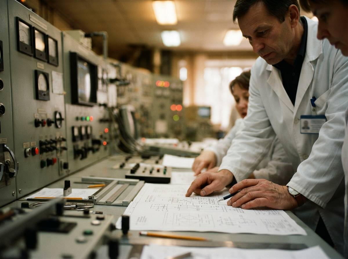 Technicians in a nuclear research facility control room reviewing instrument panels and reactor blueprints.
