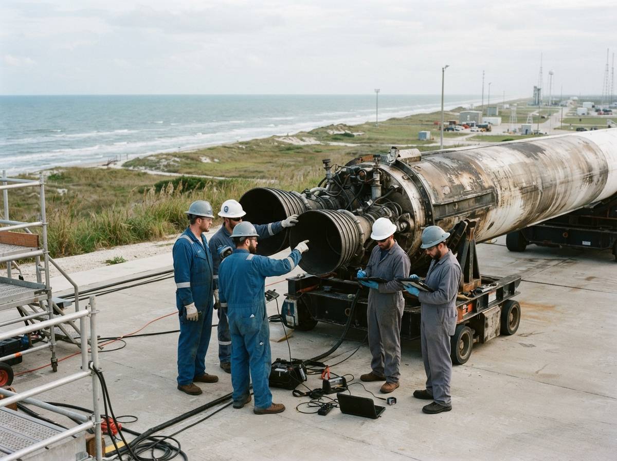 Technicians inspect rocket equipment at a coastal launch site beside the Gulf of Mexico.