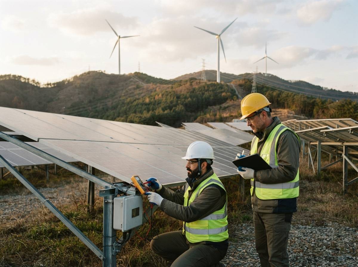 Technicians inspect solar panels near wind turbines in South Korea.