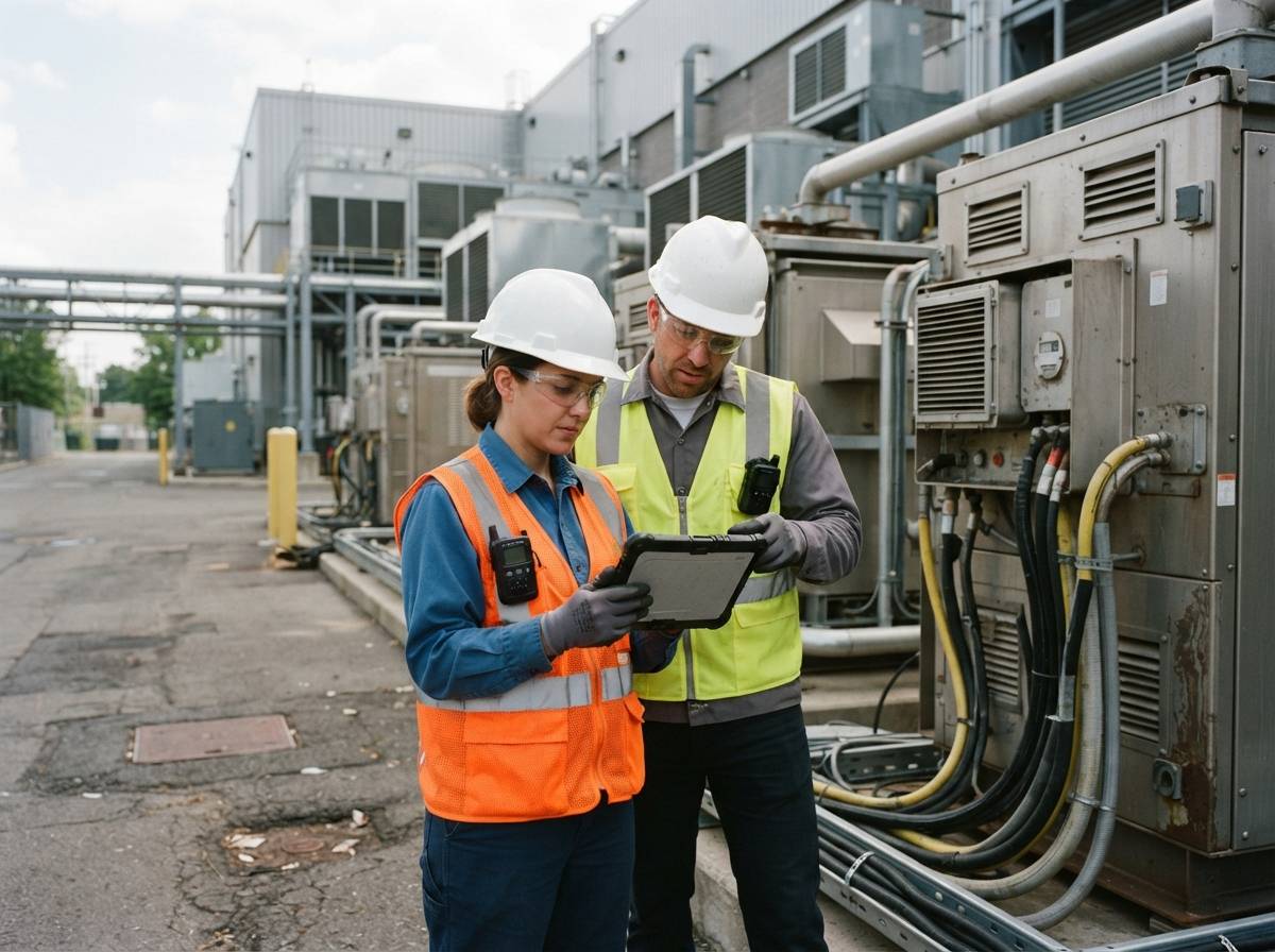 Technicians inspecting fuel cell power units outside a data center under overcast daylight.