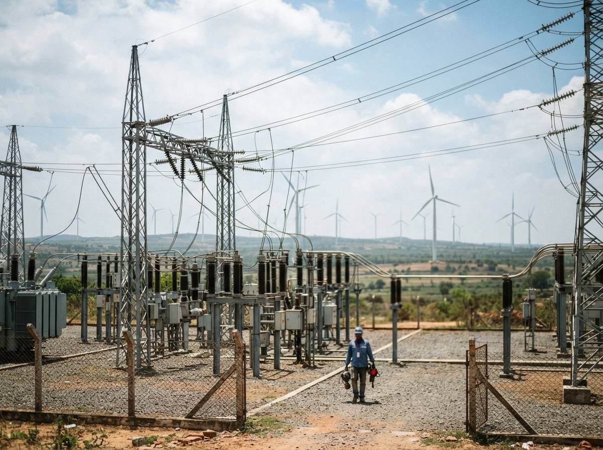 Transmission lines and a substation with wind turbines visible in the background in India.