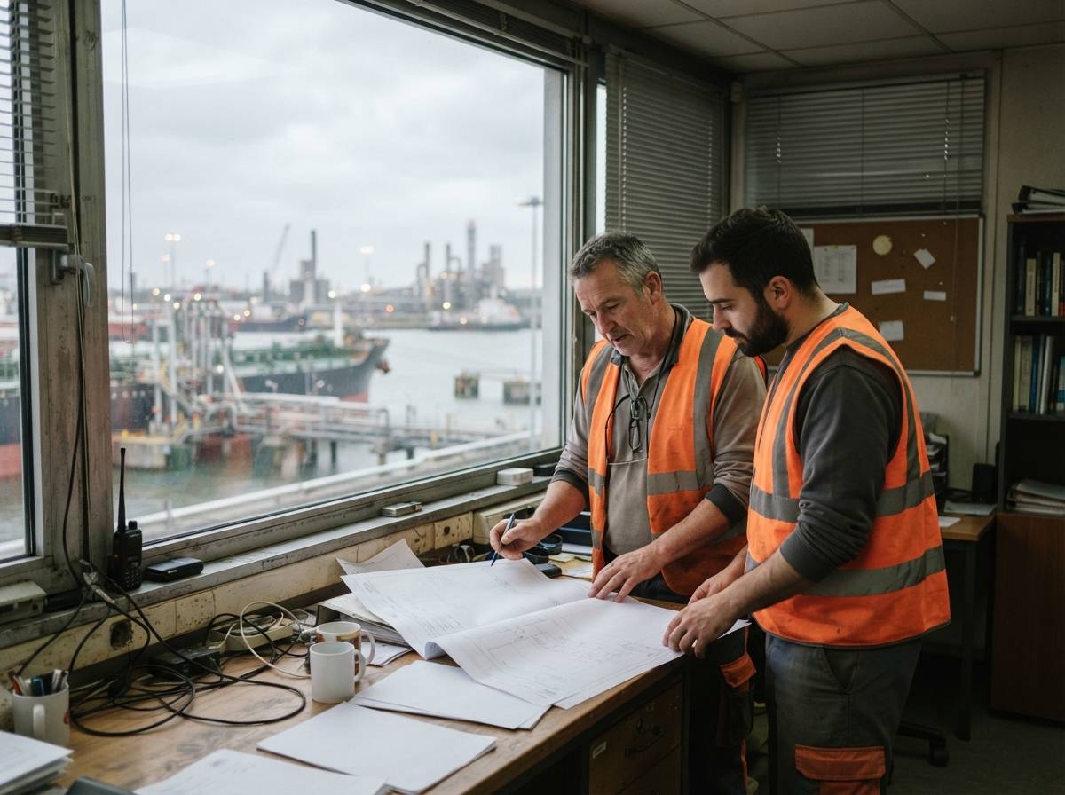 Two dock workers reviewing shipping paperwork near a window overlooking oil tankers at a port.
