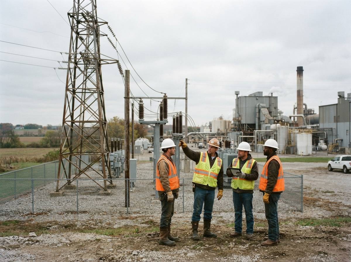 Utility crews inspect electrical infrastructure near an industrial site in Ohio.