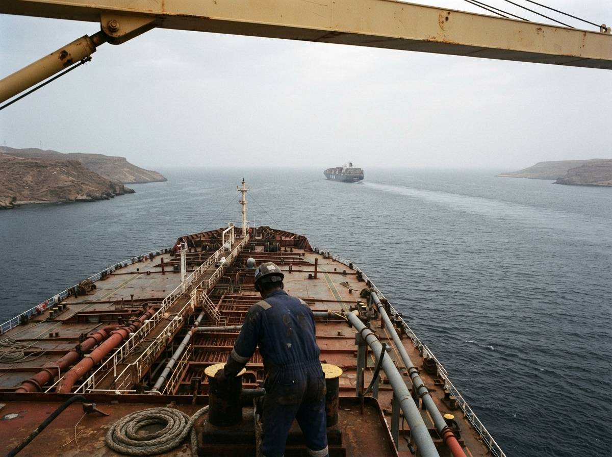 View from a tanker deck across the narrow strait waters near a Red Sea shipping chokepoint.