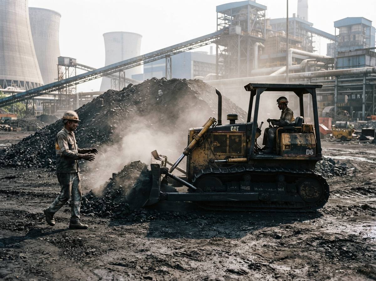 Workers and a bulldozer move a low coal stockpile at an Indian power plant.