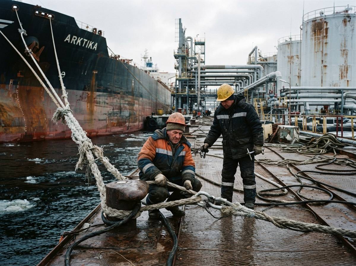 Workers handle mooring lines beside a tanker at a northern oil terminal.