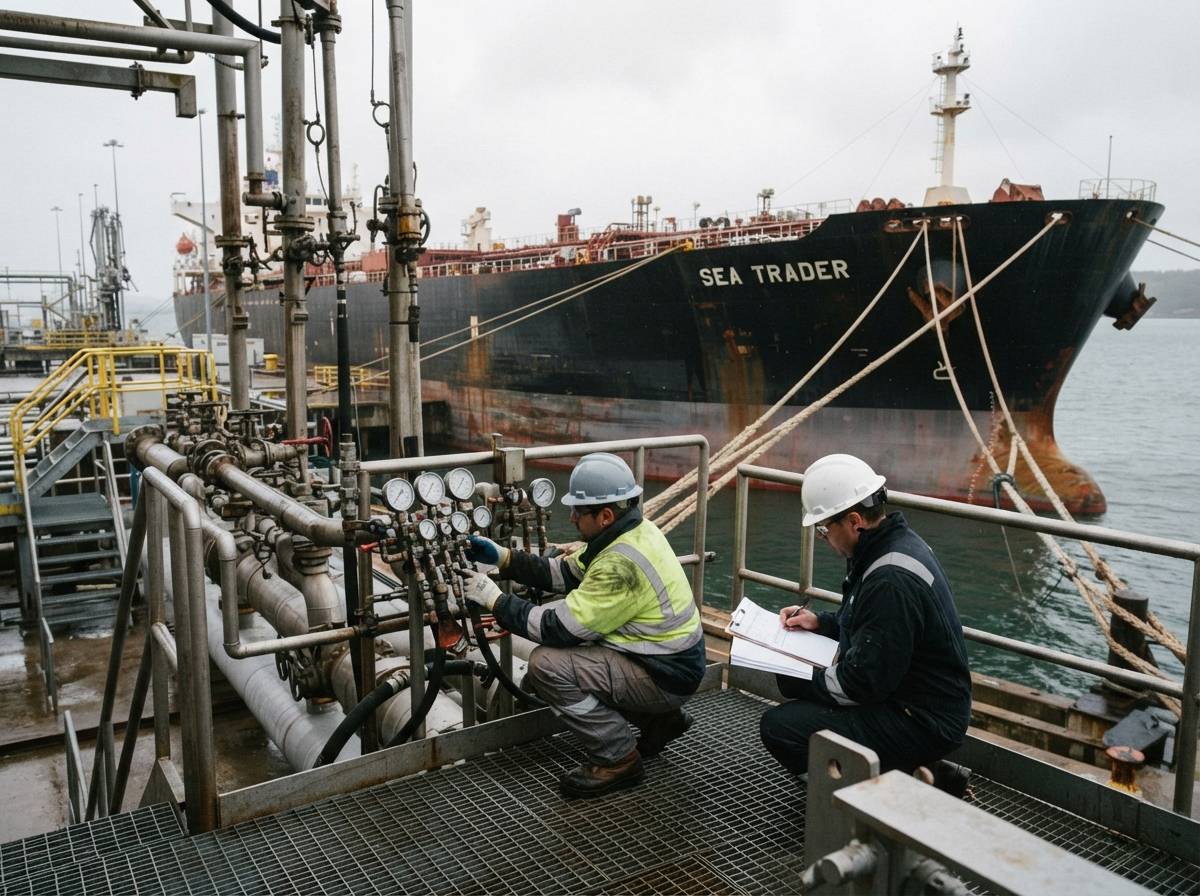 Workers inspect loading equipment near a moored oil tanker at a Gulf terminal.