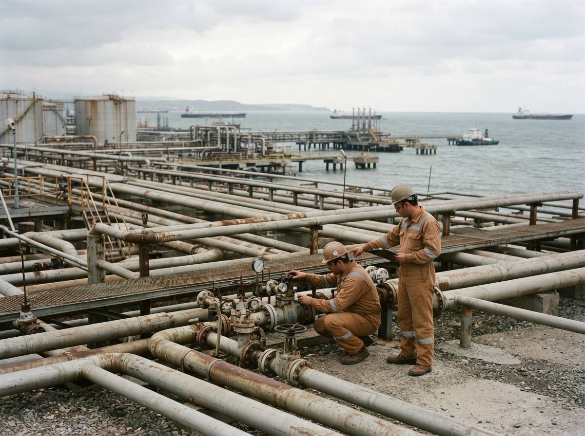 Workers inspect pipeline equipment at an oil terminal by the Caspian Sea.