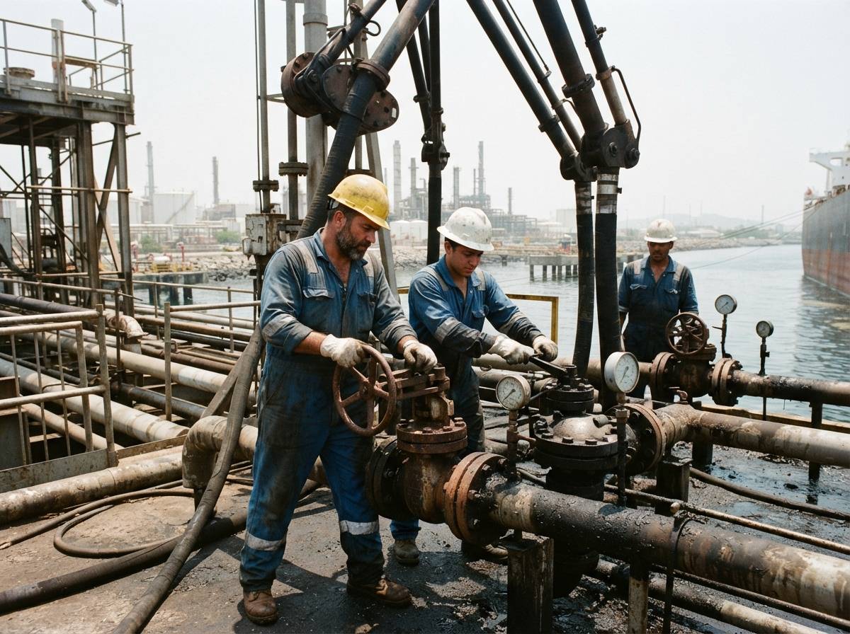 Workers overseeing crude oil unloading operations at a coastal refinery.