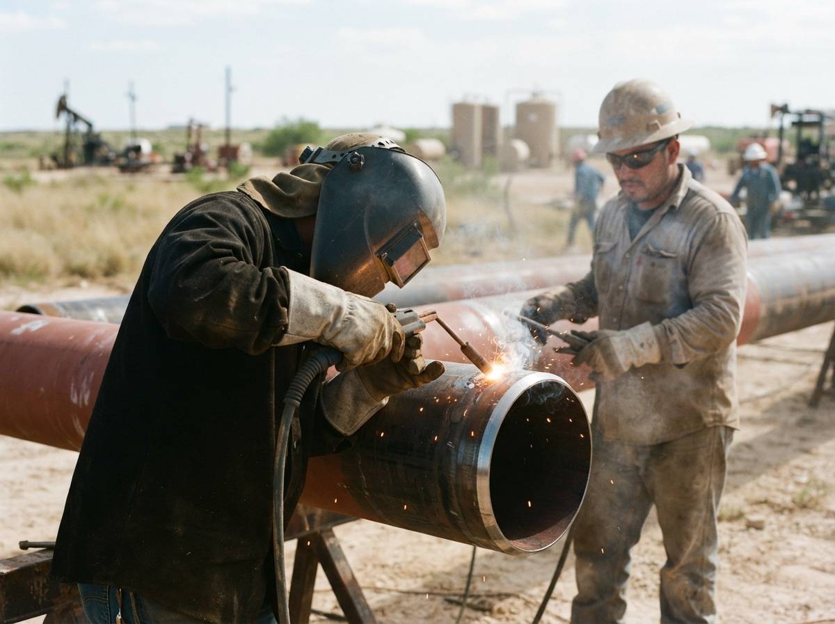 Workers welding new gathering pipeline sections at a Permian Basin construction site.